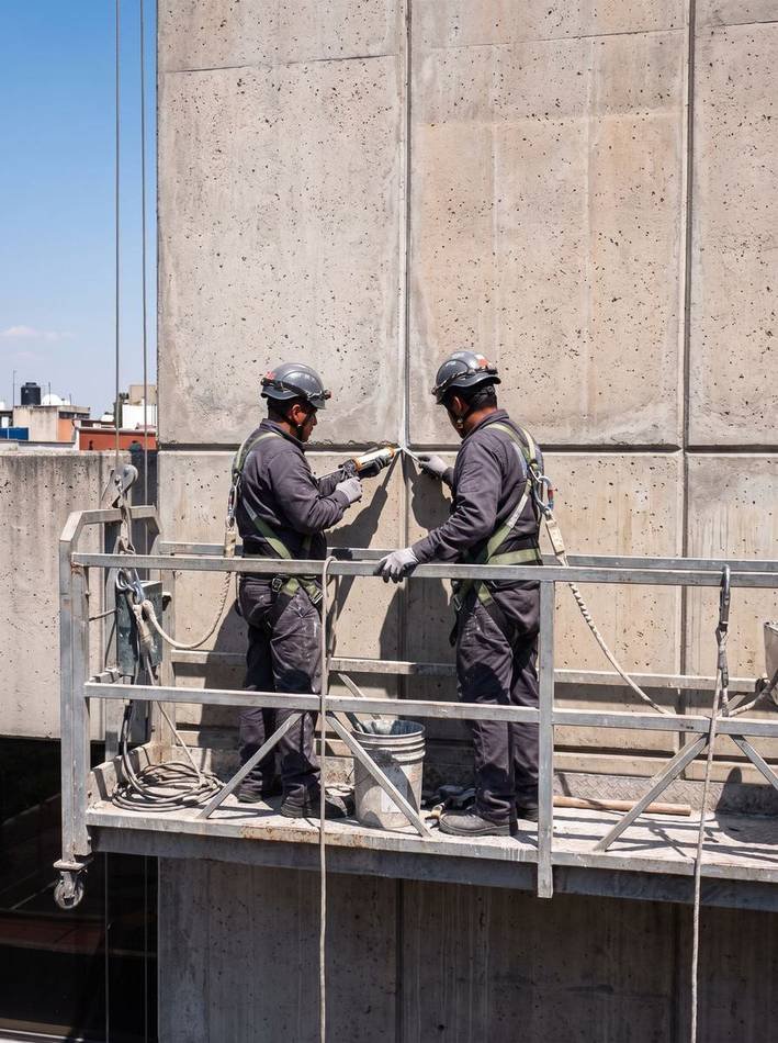 Cuadrilla en mantenimiento de fachada de concreto